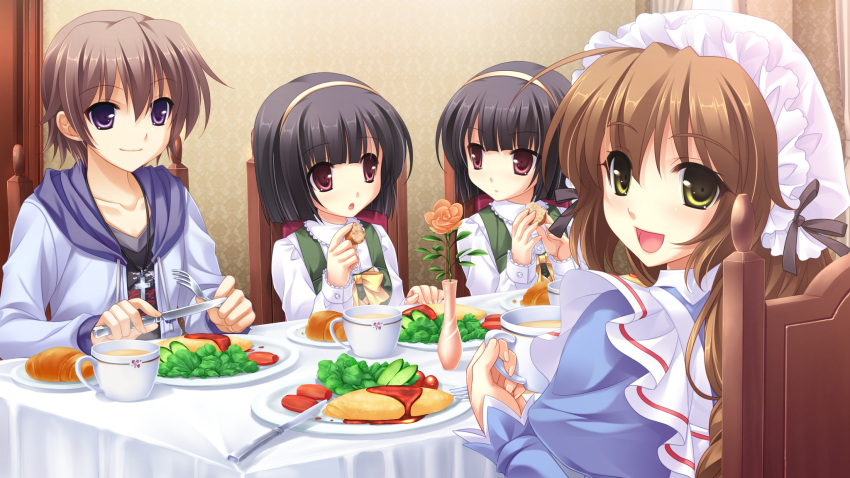 black_hair, brown_hair, food, game_cg, group, haina_(midori_no_umi), long_hair, midori_no_umi