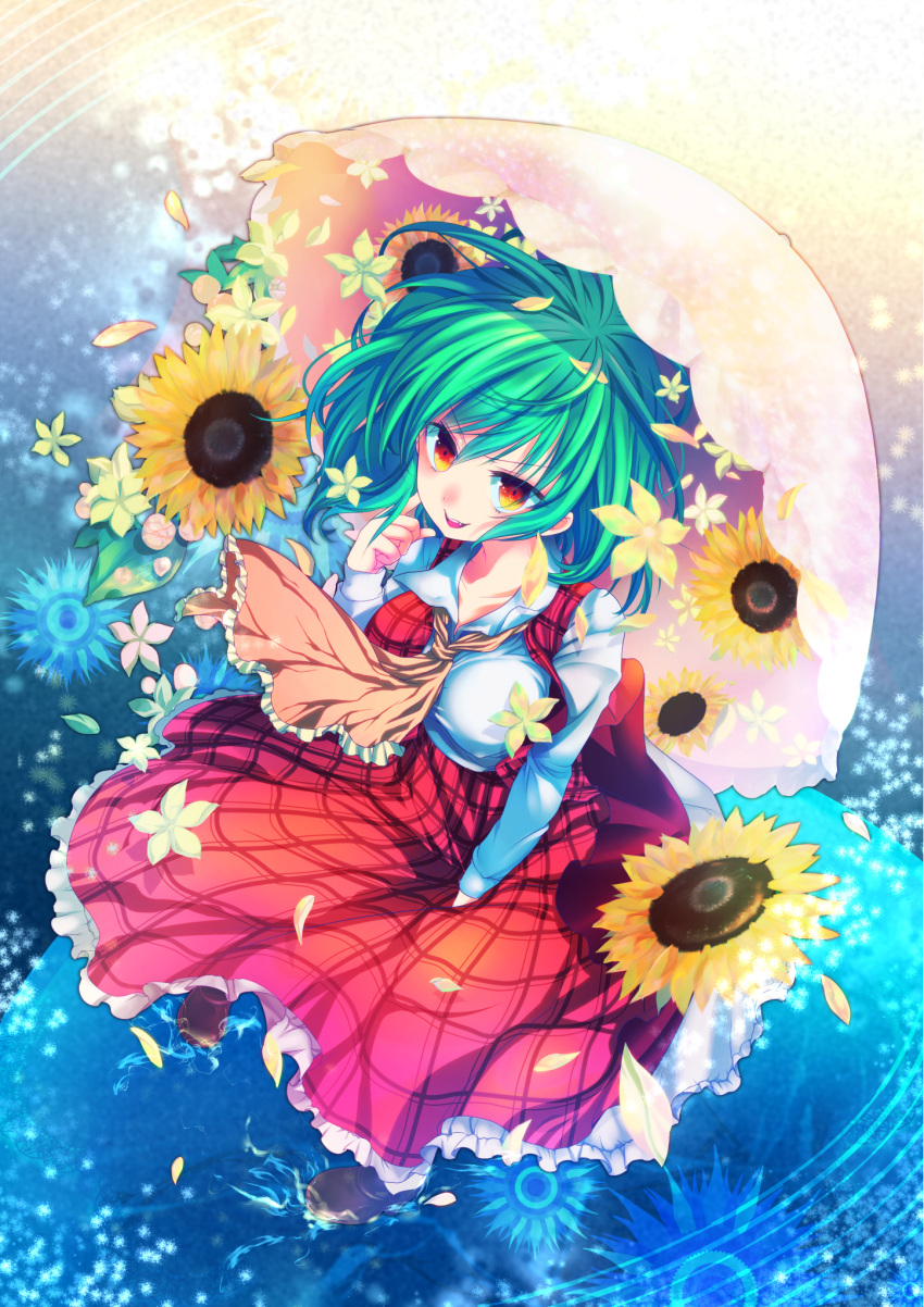 ascot, breasts, dress, fang, flower, frills, from_above, green_hair