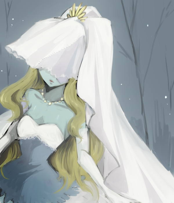 blue_skin, character_request, deborah_(pop'n_music), dress, elbow_gloves, gloves, monster_girl, nanashiba, night, pop'n_music, pop'n_music, solo, veil, veil_over_eyes, wedding, wedding_dress, zombie