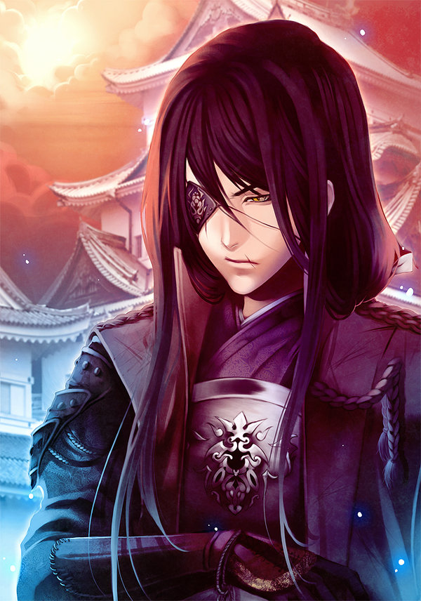 armor, black_hair, breastplate, castle, east_asian_architecture, eyepatch, japanese_clothes, kote