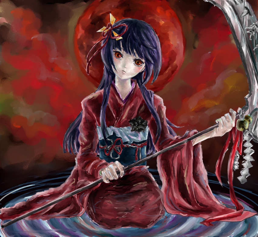 brown_eyes, japanese_clothes, kimono, kushinada_nemuru, long_hair, obi, ookamikakushi, purple_hair