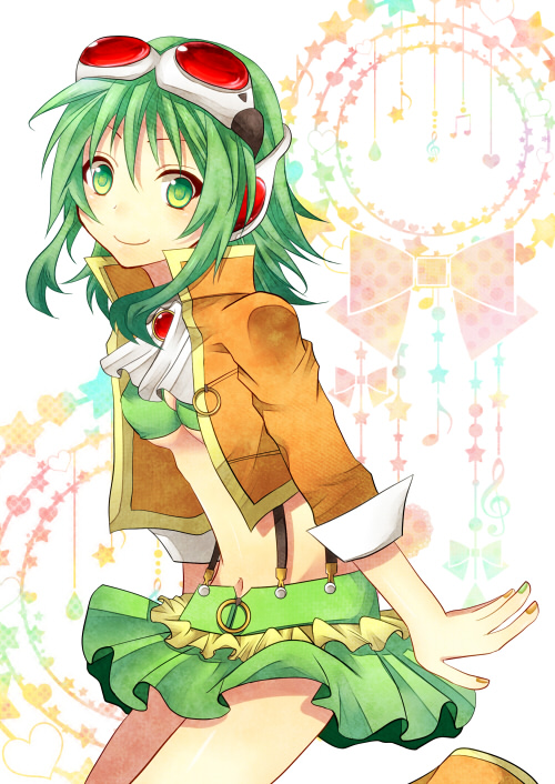 goggles, goggles_on_head, green_eyes, green_hair, gumi, headphones, jacket, megpoid_(vocaloid3)