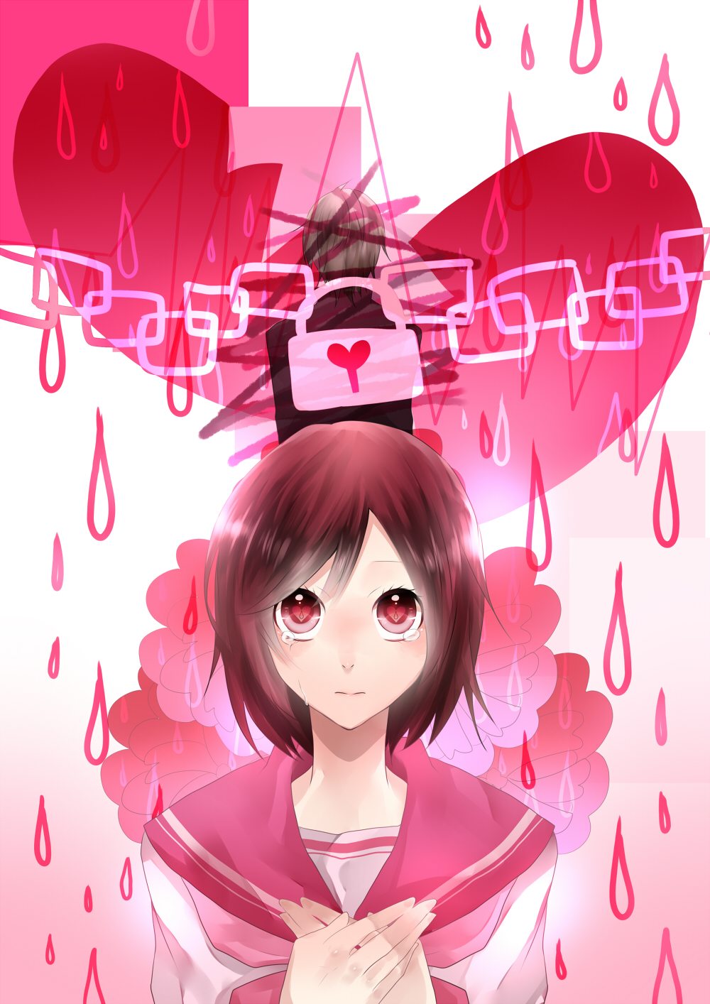 1girl, bad_id, broken_heart, brown_hair, cloud, crossed_arms, crossed_out, from_behind, hanagerian, heart, highres, lock, original, rain, red_eyes, school_uniform, silver_hair, symbol-shaped_pupils, tears