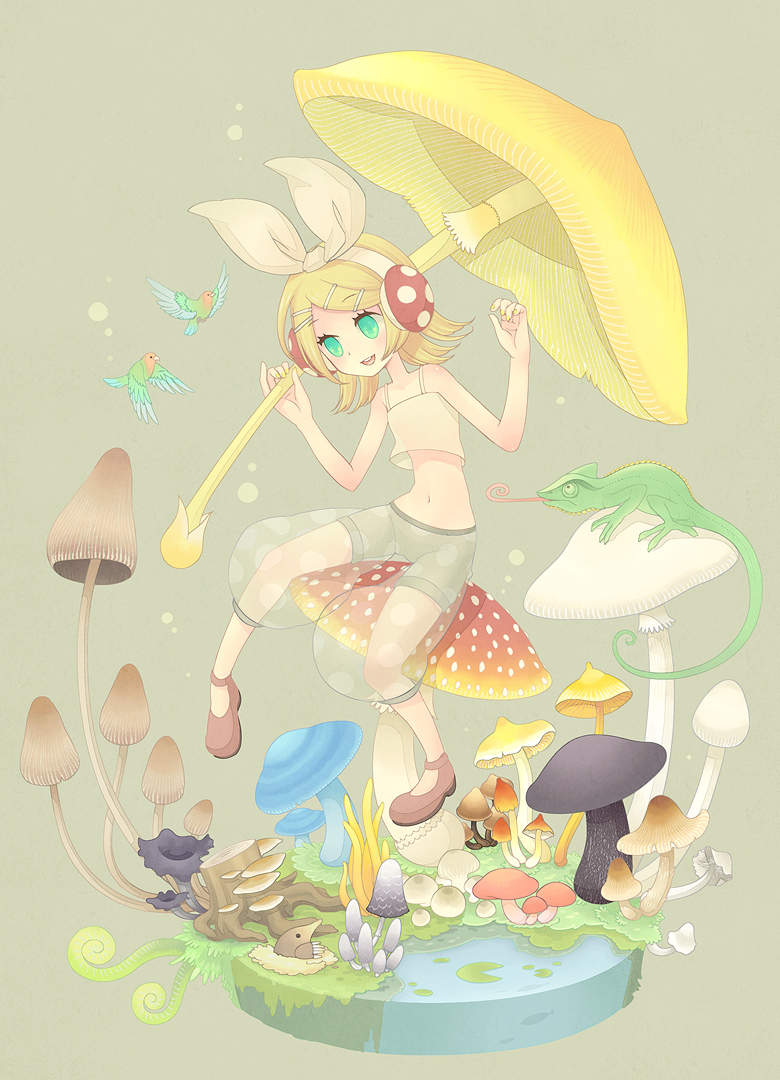 aqua_eyes, bird, blue_eyes, earmuffs, hair_ornament, hair_ribbon, hairclip, kagamine_rin