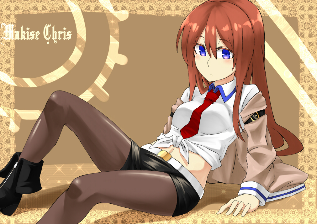 arm_support, belly_button, belt, black_legwear, blue_eyes, blush, boots, brown_hair, brown_legwear, hachi105, jacket, legwear_under_shorts, long_hair, makise_kurisu, midriff, navel, necktie, pantyhose, rinnrinn, shorts, sitting, solo, steins;gate, tied_shirt