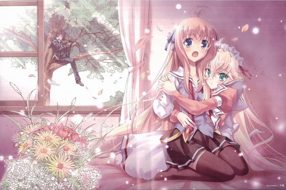 2girls, :o, aqua_eyes, ayanokouji_kyoushirou, blonde_hair, blue_eyes, bouquet, curtains
