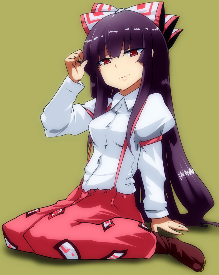 bow, cosplay, fujiwara_no_mokou, fujiwara_no_mokou_(cosplay), hair_bow, hand_in_hair, houraisan_kaguya, hyudora