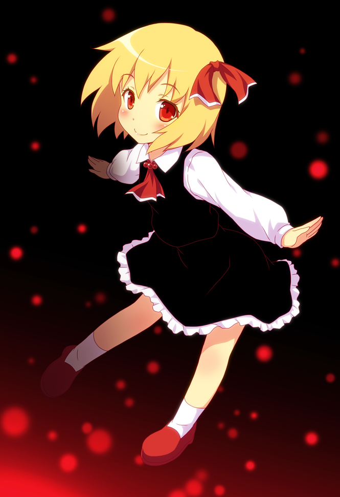 ascot, blonde_hair, blush, child, dress, dress_shirt, hair_ribbon, looking_at_viewer