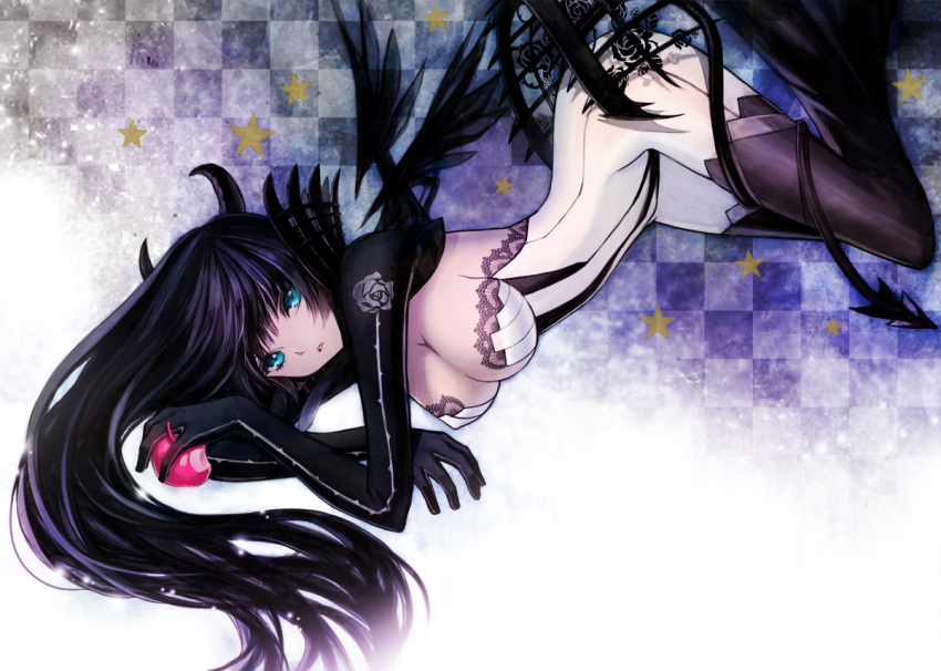 apple, bite_mark, black_gloves, black_hair, black_wings, blue_eyes, breasts, cleavage