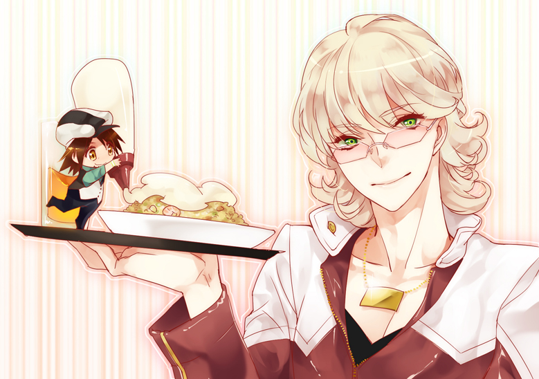 barnaby_brooks_jr, blonde_hair, brown_eyes, brown_hair, cabbie_hat, chibi, drink, facial_hair