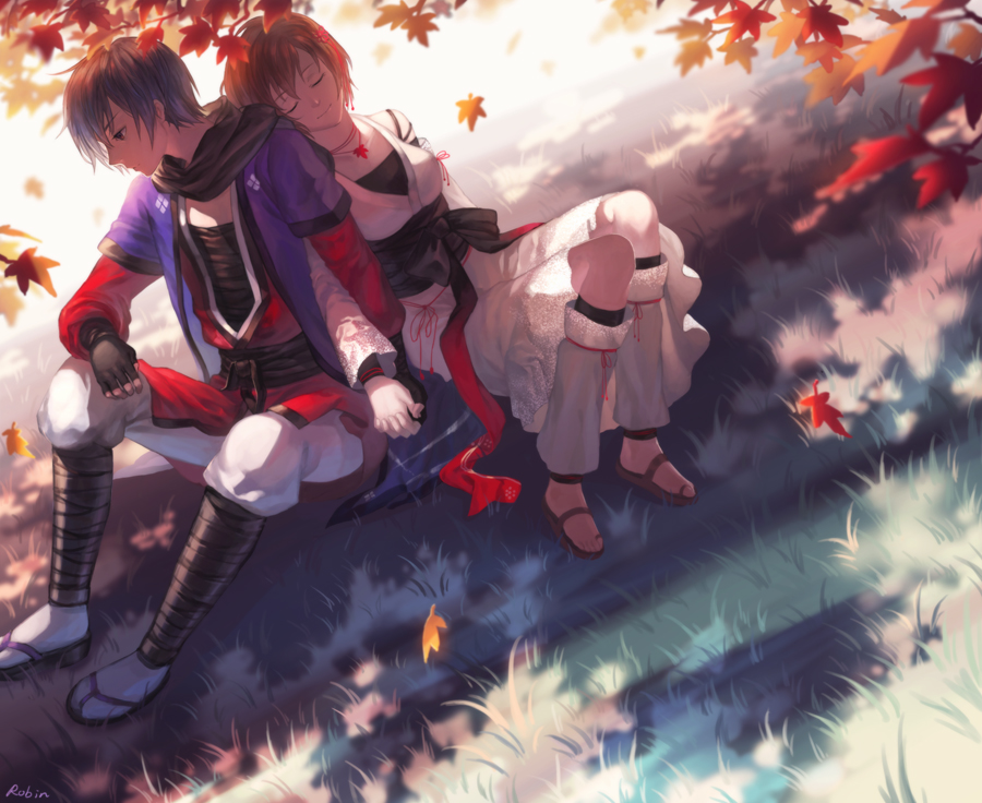 1girl, blue_hair, brown_hair, closed_eyes, couple, dutch_angle, eyes_closed, hand_holding, holding_hands, japanese_clothes, kaito, leaf, meiko, robinexile, sandals, scarf, short_hair, sitting, tsugai_kogarashi_(vocaloid), vocaloid