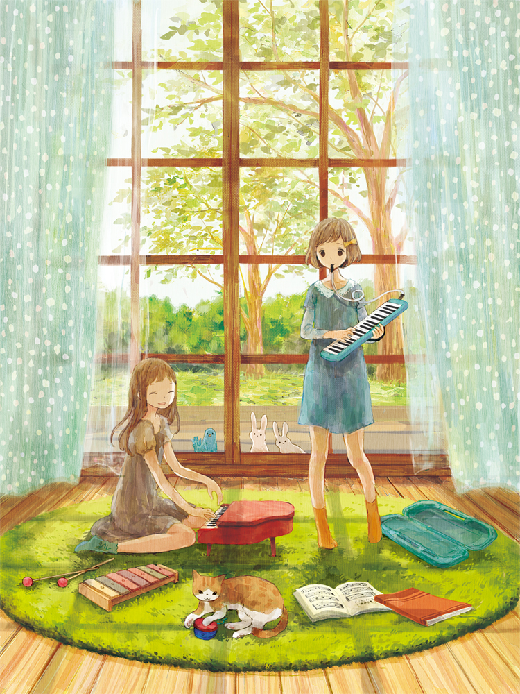 bird, book, bow, brown_hair, bunny, cat, closed_eyes, curtains