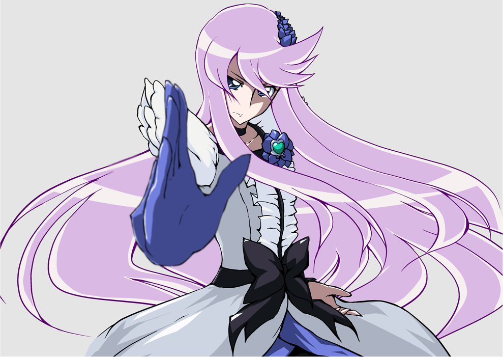 1girl, blue_eyes, bow, brooch, choker, cure_moonlight, dress, flower, foreshortening, frills, gloves, gon_(inakado), heart, heartcatch_precure!, jewelry, long_hair, magical_girl, outstretched_hand, precure, purple_hair, purple_rose, ribbon, rose, serious, solo, tsukikage_yuri