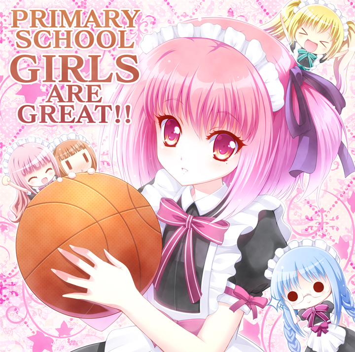 >_<, basketball, blonde_hair, blue_hair, blush, braid, brown_hair, chibi, closed_eyes, english, eyes_closed, glasses, hair_ribbon, hakamada_hinata, headdress, isumi, kashii_airi, maid, maid_headdress, minato_tomoka, misawa_maho, mole, nagatsuka_saki, open_mouth, pink_eyes, pink_hair, ponytail, ribbon, ro-kyu-bu!, rou-kyuu-bu!, short_hair, side_ponytail, smile, solid_circle_eyes, truth, twin_braids, twintails, |_|, ||_||