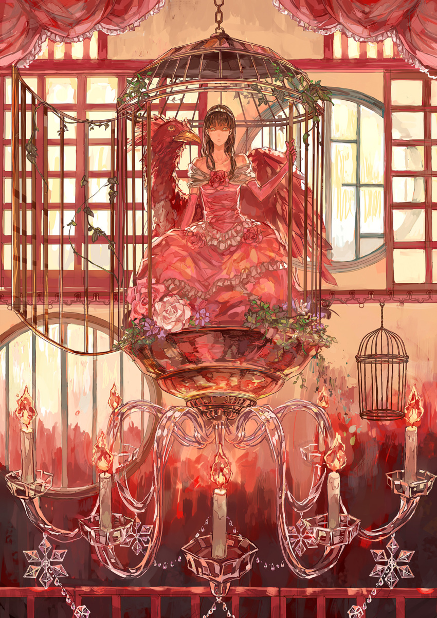 ???, amagi_yukiko, animal, bare_shoulders, bird, birdcage, black_hair, cage