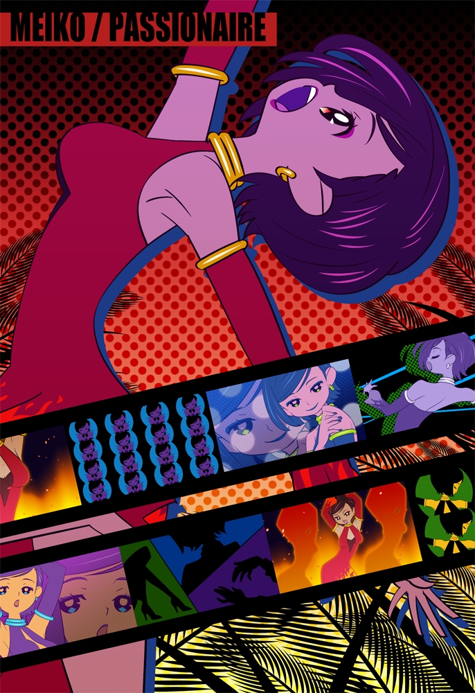 colorful, dancing, dress, elbow_gloves, halterneck, looking_up, meiko, outstretched_arm