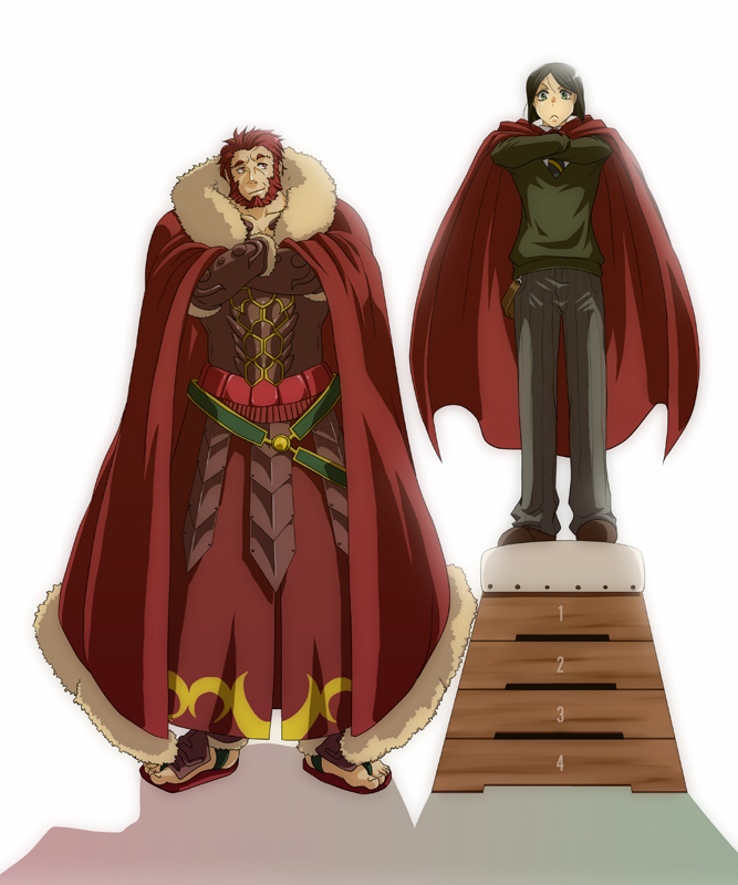 :<, armor, bangs, beard, black_hair, cape, crossed_arms, facial_hair, fate/stay_night, fate/zero, fate_(series), green_eyes, height_difference, male, mochibuns, multiple_boys, parted_bangs, red_hair, redhead, rider_(fate/zero), short_hair, waver_velvet