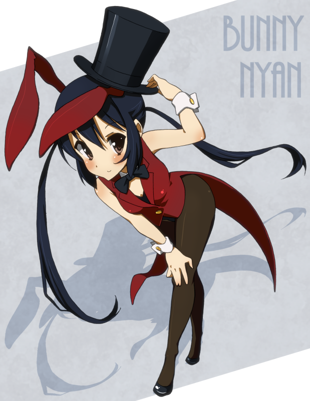 animal_ears, black_hair, bowtie, brown_eyes, bunny_ears, bunnysuit, detached_collar, hat
