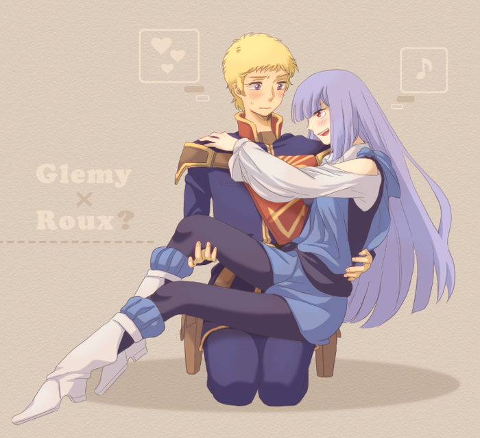 1girl, agedo_ufu, bare_shoulders, blonde_hair, blush, boots, carrying, couple, glemy_toto, gundam, gundam_zz, high_heels, holding, kneeling, legs, long_hair, long_sleeves, pantyhose, princess_carry, purple_hair, roux_louka, shoes, thighs, uniform