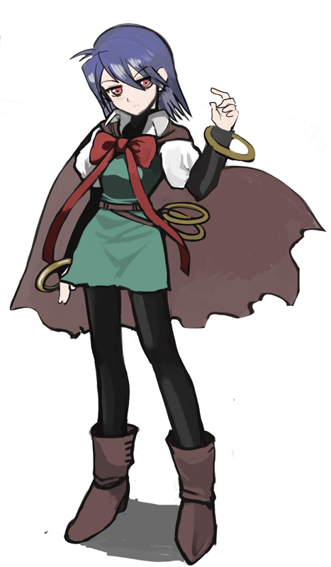 blue_hair, boots, cape, carrie_belnades, carrie_fernandez, castlevania, kumasan, pantyhose, red_eyes, ribbon