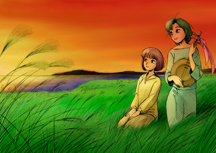 casual, field, green_eyes, green_hair, hatsuseno_alpha, highres, horizon, instrument