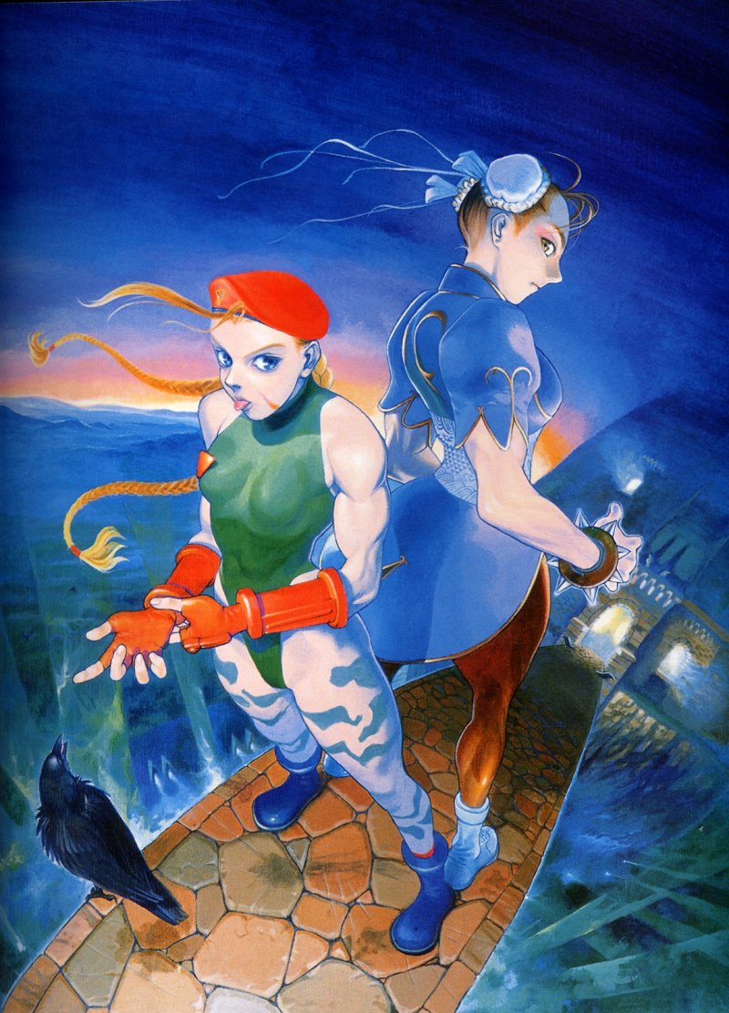 90s, :p, adjusting_gloves, ahoge, back-to-back, bengus, beret, blonde_hair, blue_eyes, boots, bracelet, braid, bridge, brown_eyes, brown_hair, bun_cover, cammy_white, capcom, china_dress, chinese_clothes, chun-li, double_bun, fingerless_gloves, gloves, hat, jewelry, leotard, multiple_girls, muscle, official_art, pantyhose, perspective, raven_(animal), scar, scotland, spiked_bracelet, spikes, street_fighter, street_fighter_ii, thick_thighs, thighs, tongue, tongue_out, twin_braids