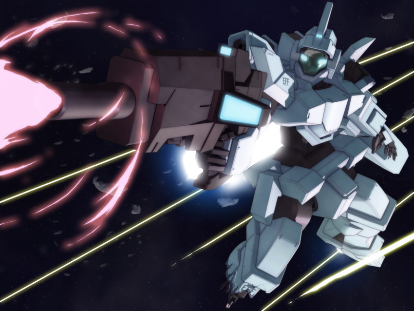 beam_rifle, damaged, debris, genoace_custom, glowing, glowing_eyes, gun, gundam