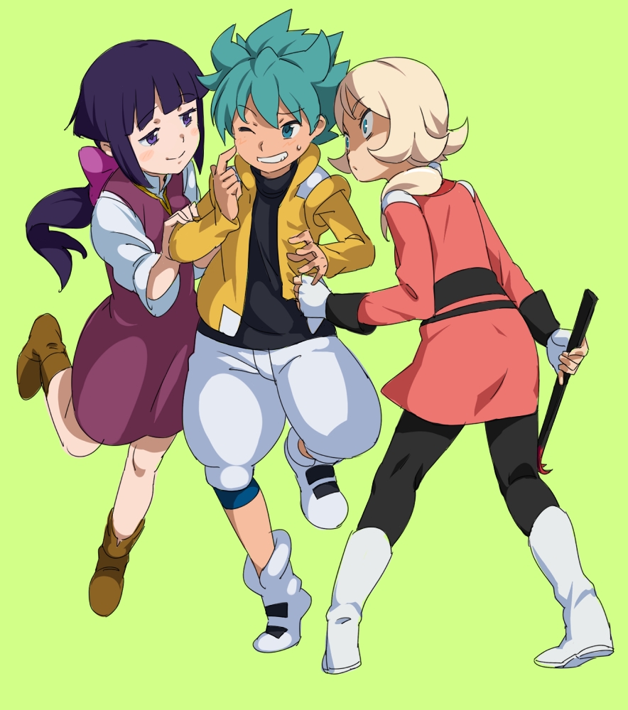 2girls, aqua_hair, blonde_hair, blue_eyes, bow, crowbar, emily_armond, flit_asuno