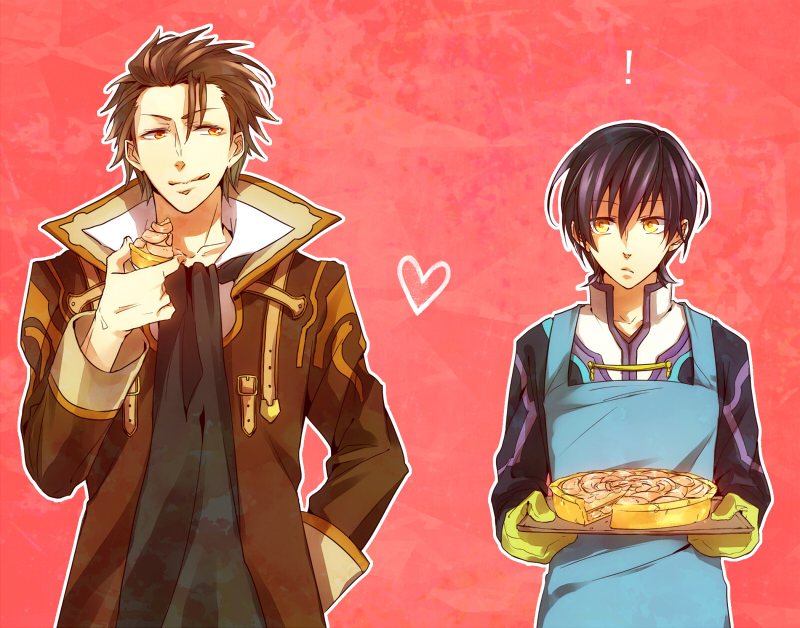 2boys, :q, alvin_(tales_of_xillia), apron, bberry, black_hair, brown_eyes, brown_hair, jude_mathis, male, mittens, multiple_boys, pie, pink_background, scarf, tales_of_(series), tales_of_xillia, tongue, yellow_eyes