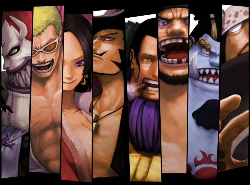 6+boys, animal_ears, bartholomew_kuma, bear_ears, beard, black_hair, blonde_hair, blue_skin, boa_hancock, breasts, cigar, cleavage, column_lineup, donquixote_doflamingo, dracule_mihawk, earrings, facial_hair, female, fighting_stance, gecko_moria, glasses, goatee, grin, hat, highres, horns, jewelry, jimbei, male, marshall_d_teach, multiple_boys, muscle, mustache, necklace, one_piece, open_clothes, open_jacket, open_shirt, pale_skin, pirate, pointy_teeth, purple_eyes, scar, sharp_teeth, shichibukai, shishibukai, simple_background, sir_crocodile, smile, smoking, sunglasses, takanori_yoshida, tan, tattoo, tusks, violet_eyes, yellow_eyes, yoshida_takanori