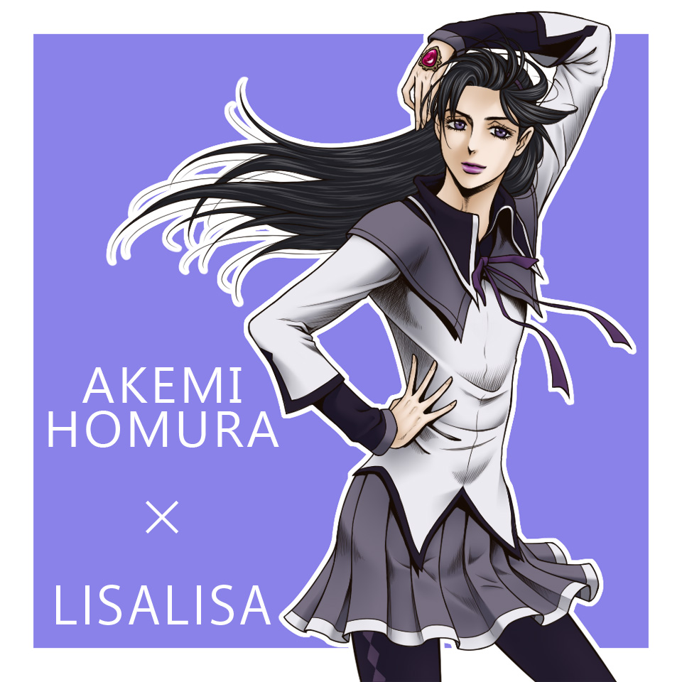akemi_homura, araki_hirohiko_(style), argyle, argyle_legwear, black_hair, black_legwear, capelet, flat_chest