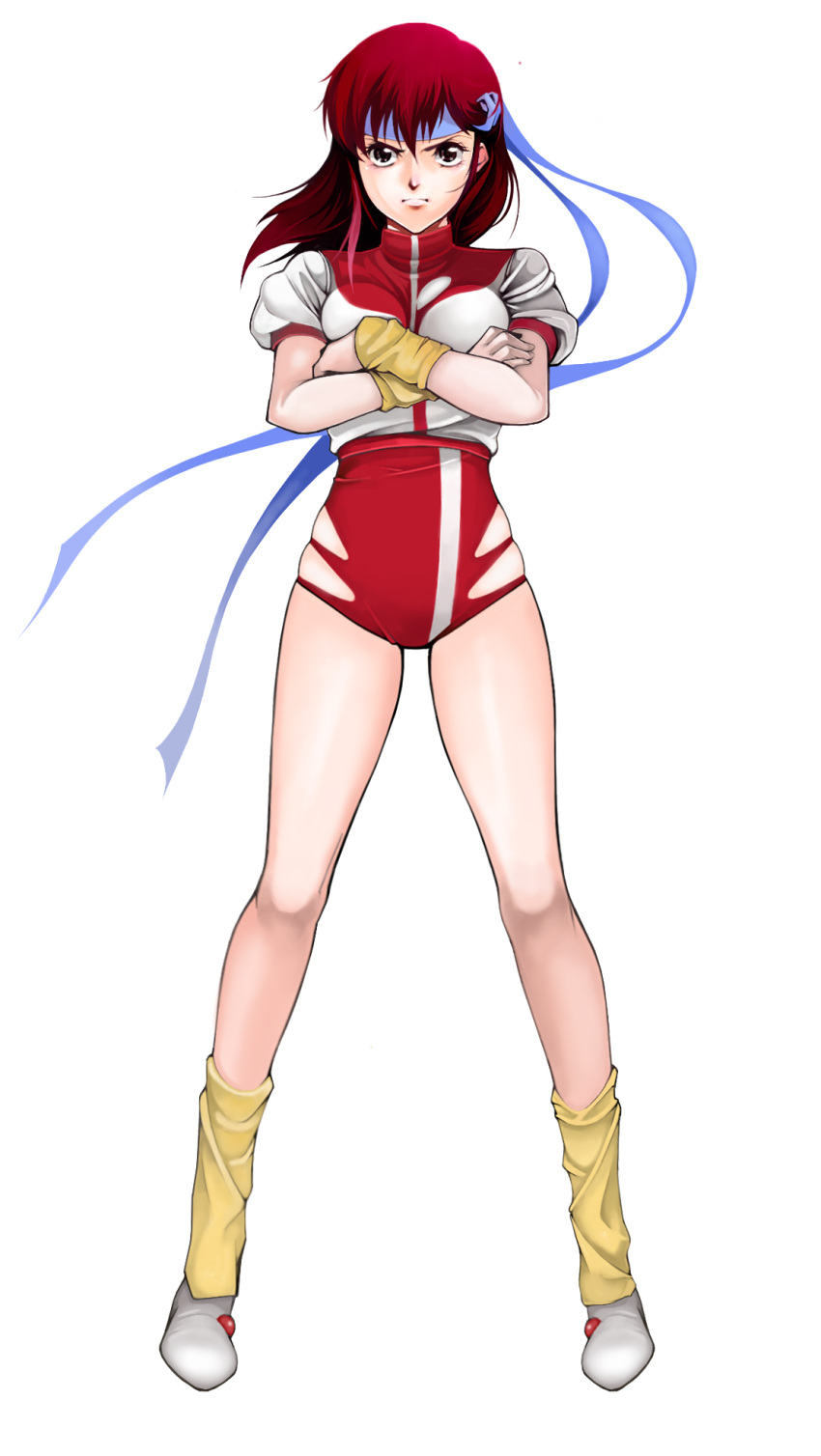 brown_eyes, brown_hair, crossed_arms, footwear, gunbuster_pose, hachimaki, headband, highres