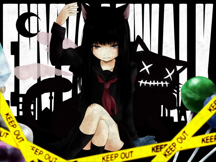 animal, animal_ears, black_eyes, black_hair, cat, catgirl, caution_tape, crossed_legs