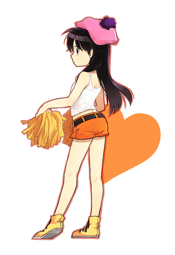 bare_legs, black_hair, camisole, hat, heart, long_hair, midriff, pom_poms