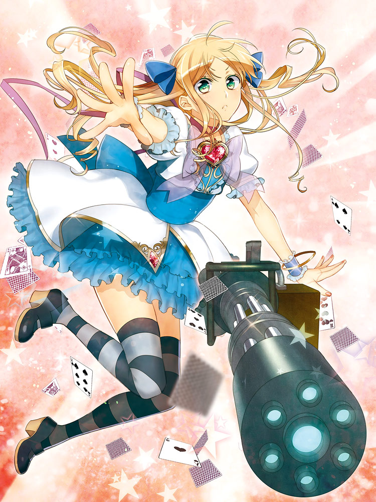 blonde_hair, bow, card, cards, dress, frills, green_eyes, gun, hair_bow, long_hair, minigun, murakami_yuzu, original, outstretched_hand, playing_card, solo, striped, striped_legwear, thighhighs, weapon, zettai_ryouiki