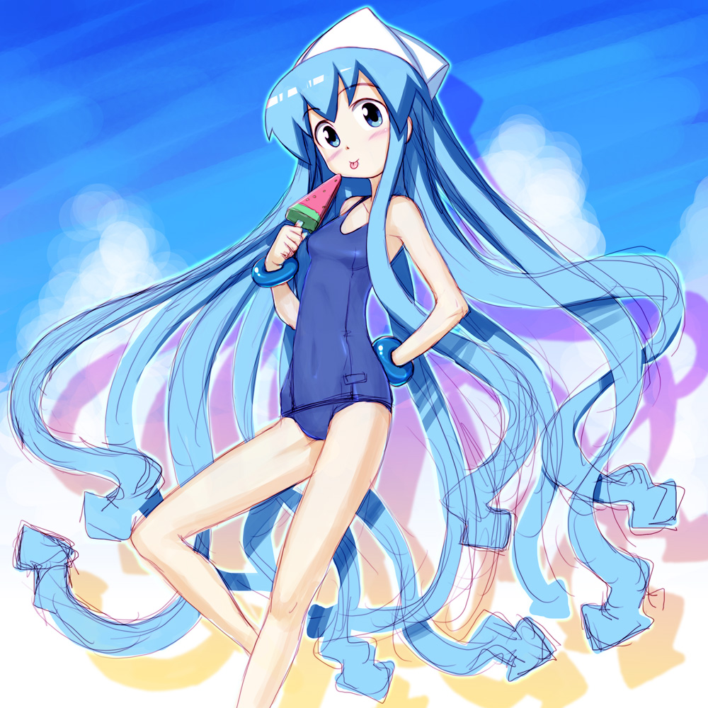 blue_hair, hat, hayama_yuujirou, ikamusume, long_hair, one-piece_swimsuit, popsicle, school_swimsuit