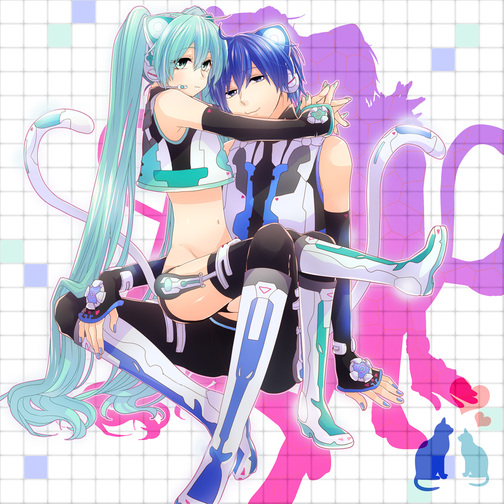 ahoge, aqua_eyes, aqua_hair, blue_eyes, blue_hair, boots, cat_tail, cosplay
