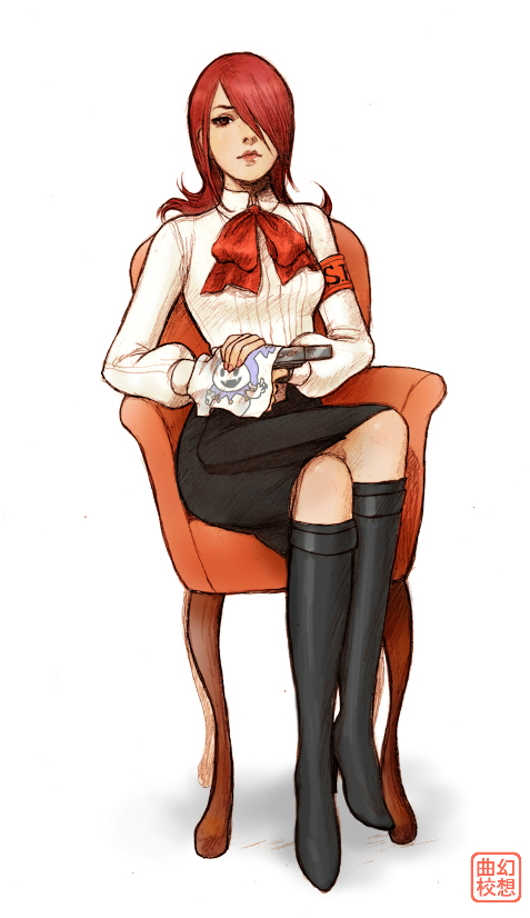 armband, boots, bow, cameo, chair, crossed_legs, evoker, hair_over_one_eye, handkerchief, jack_frost, jack_frost_(cameo), jasmin_darnell, kirijou_mitsuru, knee_boots, kneehighs, legs_crossed, long_hair, long_sleeves, persona, persona_3, red_eyes, red_hair, redhead, school_uniform, sitting, skirt, solo, watermark, yasahime