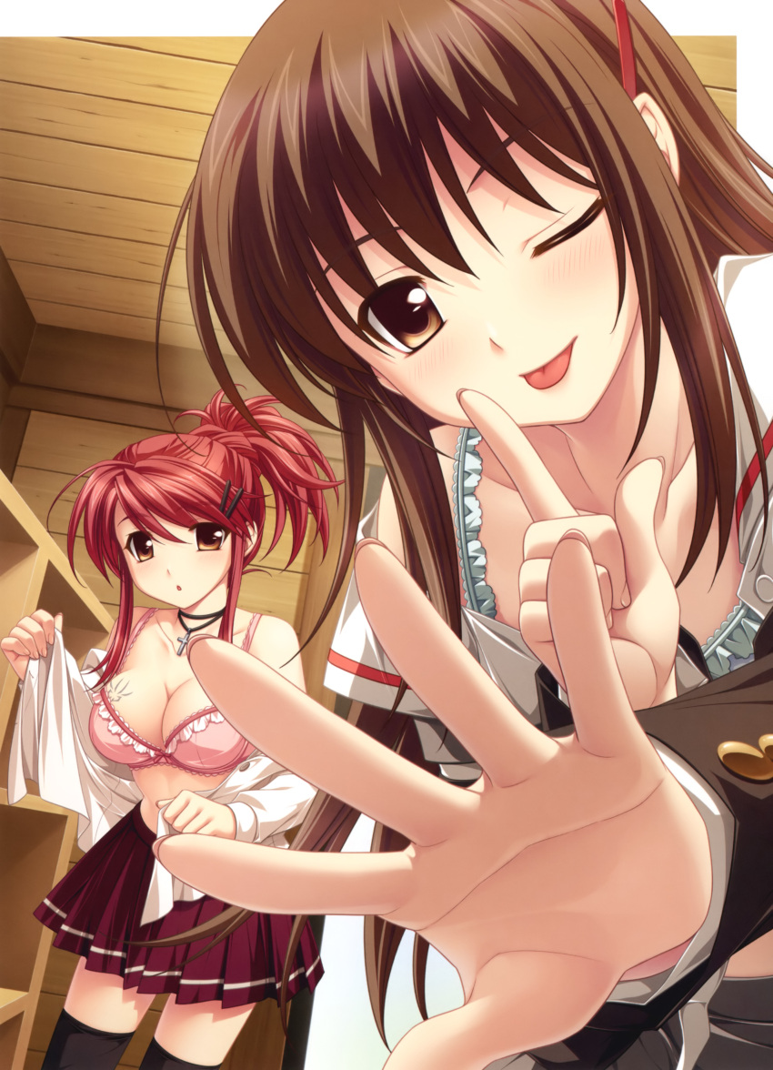 1girl, 2girls, :o, :p, absurdres, bra, breasts, brown_eyes