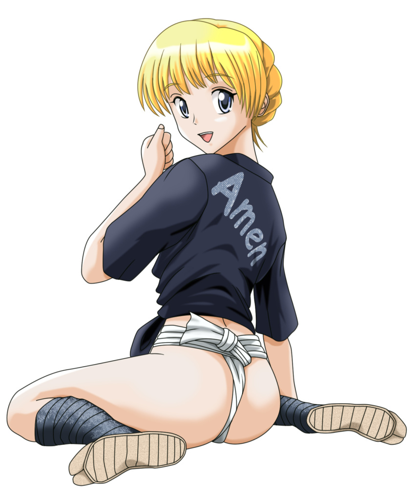 1girl, ass, ass_cheeks, blonde_hair, blue_eyes, fundoshi, happi, highres, japanese_clothes, kimono, looking_at_viewer, miyakome, open_mouth, sandals, sarah_adiemus, school_rumble, simple_background, sitting, smile, tabi, wariza, white_background, yamakasa