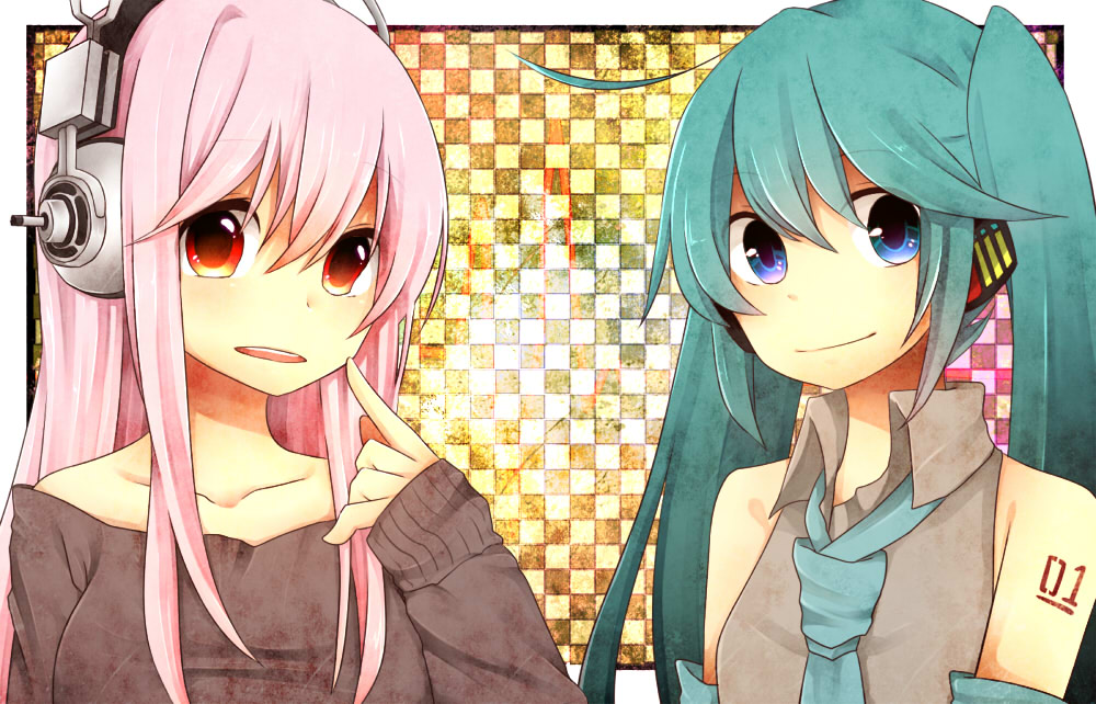 aqua_eyes, aqua_hair, crossover, detached_sleeves, hatsune_miku, ka_rura, long_hair, multiple_girls, necktie, nitroplus, pink_hair, red_eyes, smile, super_sonico, twintails, vocaloid