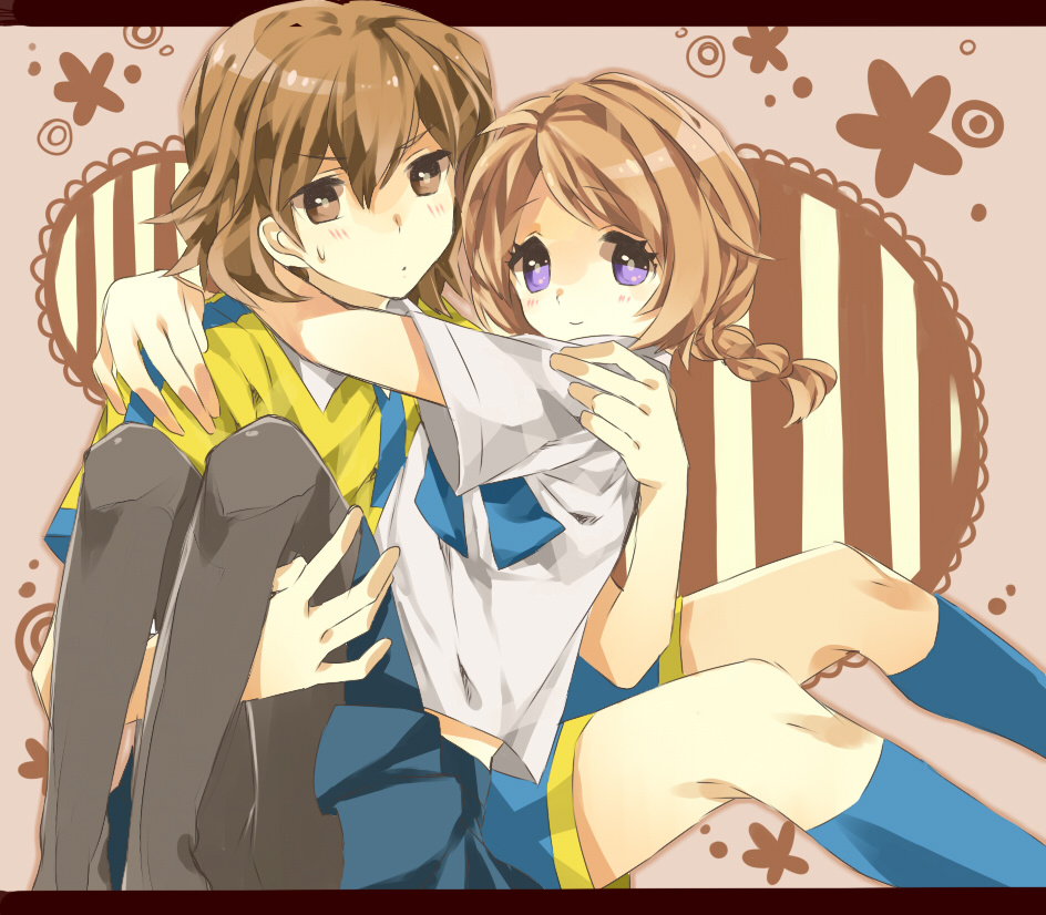1girl, blush, braid, brown_eyes, brown_hair, carrying, inazuma_eleven, inazuma_eleven_(series), inazuma_eleven_go, open_mouth, pantyhose, princess_carry, purple_eyes, ribbon, school_uniform, shindou_takuto, short_hair, soccer_uniform, twin_braids, violet_eyes, wonoco0916, yamana_akane