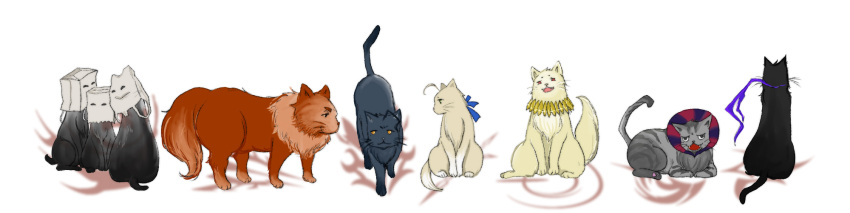 assassin_(fate/zero), bag, berserker_(fate/zero), caster_(fate/zero), cat, cloudno9, command_spell, fate/stay_night, fate/zero, fate_(series), gilgamesh, highres, jewelry, lancer_(fate/zero), necklace, paper_bag, ribbon, rider_(fate/zero), saber