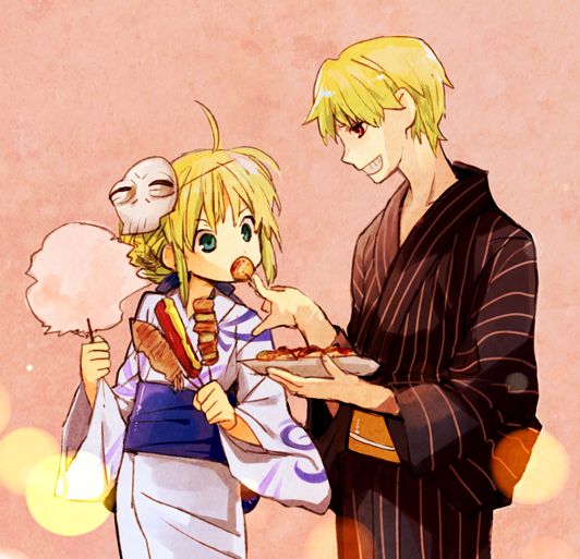 1girl, ahoge, black_hair, cotton_candy, dango, fate/stay_night, fate/tiger_colosseum, fate_(series), food, gilgamesh, green_eyes, japanese_clothes, kimono, mask, mooche, red_eyes, saber, takoyaki, true_assassin, wagashi