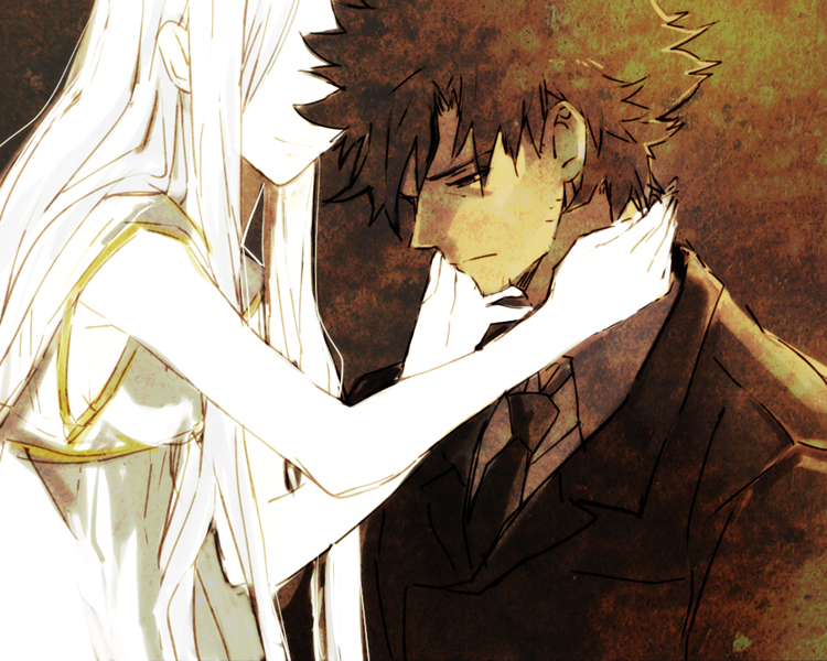 1girl, black_hair, couple, emiya_kiritsugu, facial_hair, fate/stay_night, fate/zero, fate_(series)