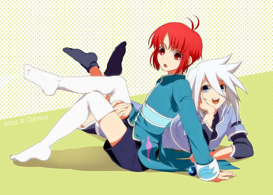 blue_eyes, character_name, chin_rest, footwear, fujiko_omame, genis_sage, green_background, long_hair, lying, male, mao_(tor), multiple_boys, no_shoes, red_eyes, red_hair, redhead, shirt, shoes, sitting, smile, socks, spiked_hair, spiky_hair, tales_of_(series), tales_of_rebirth, tales_of_symphonia, thigh-highs, thighhighs, white_hair, white_legwear