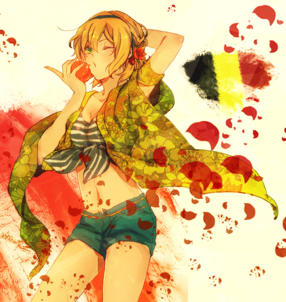 arm_behind_head, axis_powers_hetalia, belgium_(hetalia), blonde_hair, breasts, cleavage, denim, denim_shorts, flag, flower, food, fruit, green_eyes, hair_flower, hair_ornament, hairband, holding, holding_apple, holding_fruit, kiss, midriff, minaide_yatose, o3o, petals, shorts, solo, wink