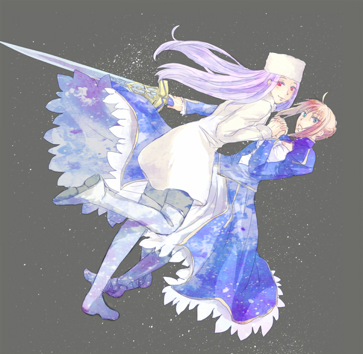 ahoge, armor, armored_dress, blonde_hair, blue_eyes, boots, coat, dress, dutch_angle, excalibur, fate/stay_night, fate/zero, fate_(series), fingers_clasped, gauntlets, hair_ribbon, hands_clasped, hat, interlocked_fingers, irisviel_von_einzbern, long_hair, multiple_girls, red_eyes, ribbon, saber, sugala, sword, thigh-highs, thigh_boots, thighhighs, weapon, white_hair