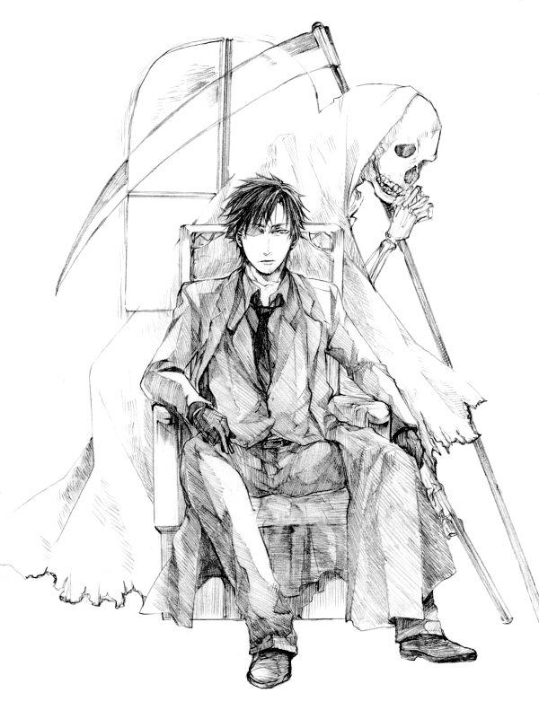 cigarette, cloak, death_(entity), emiya_kiritsugu, fate/stay_night, fate/zero, fate_(series), grim_reaper, male, monochrome, necktie, nervlish, scythe, sitting, skull, solo