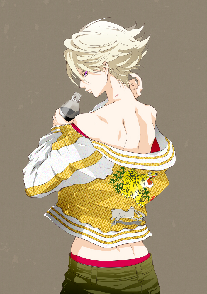 adapted_costume, blonde_hair, bunny, drink, gaika, inside-out, ivan_karelin, jacket, letterman_jacket, male, purple_eyes, rabbit, short_hair, solo, tiger, tiger_&amp;_bunny, violet_eyes, yellow_jacket